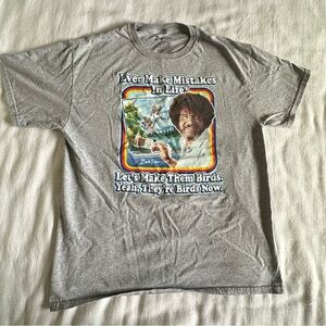 Bob Ross Shirt Mens Large Gray Graphic Tee Birds Painting Quote Artist Gift Art